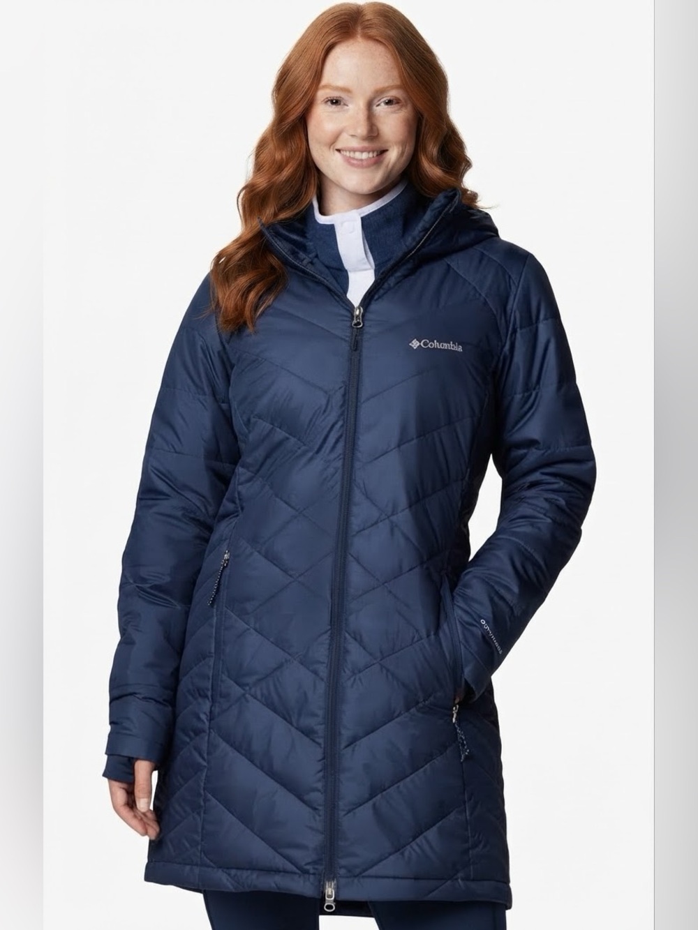 Columbia women’s navy Blue heavenly long Hooded Puffer Jacket size Medium